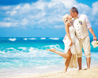 Just Married Beach Kissing Couple